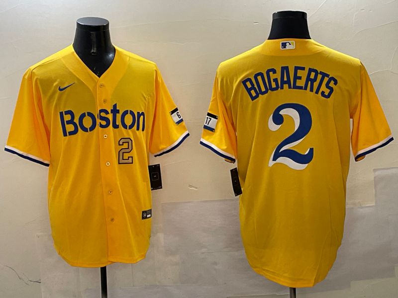 Men Boston Red Sox 2 Bogaerts Yellow City Edition Game 2025 Nike MLB Jersey style 5